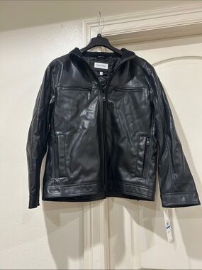 Calvin Klein Black Faux Leather Hooded Zip Jacket